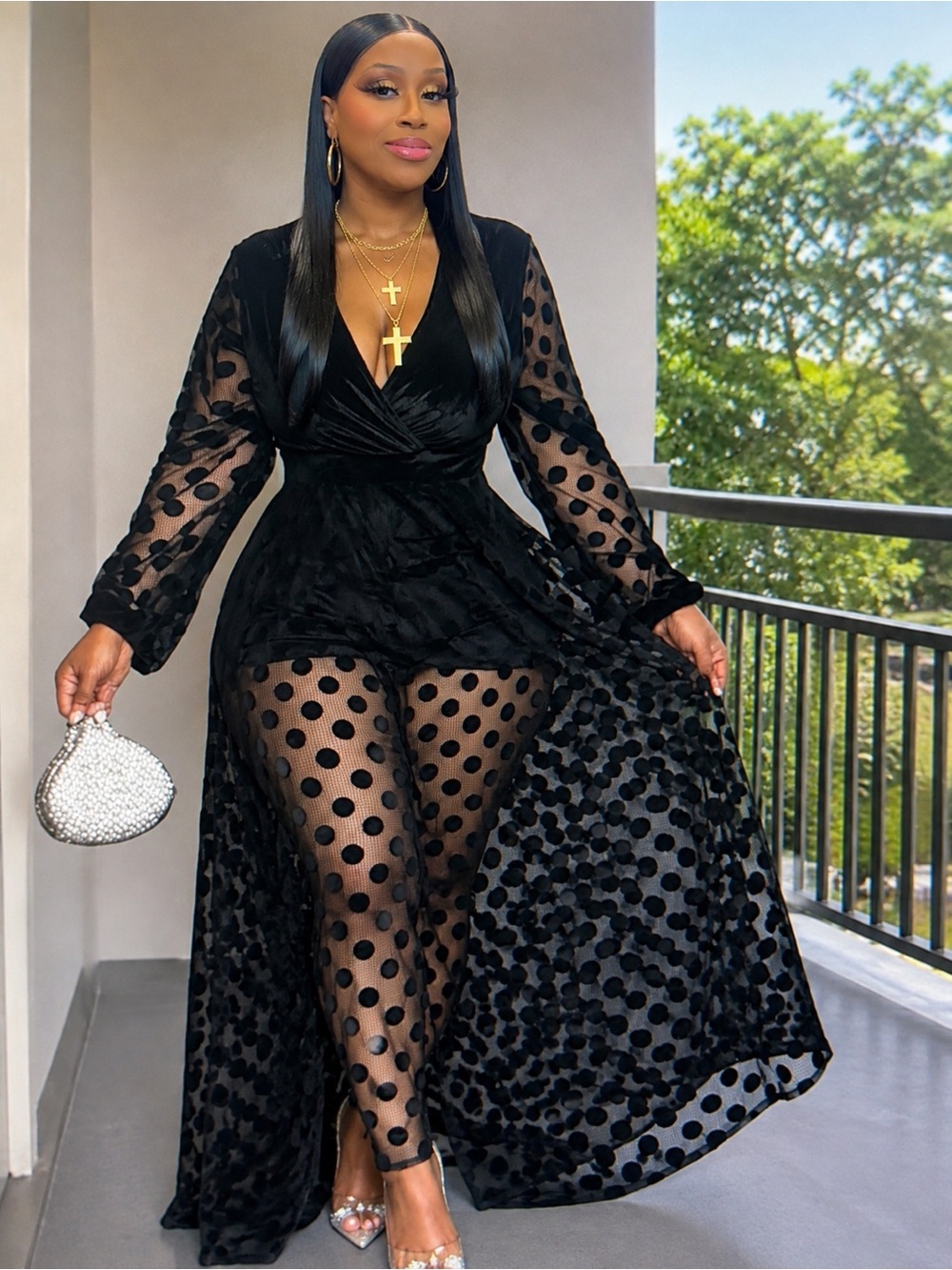 Black Sheer Polka-Dot Maxi Dress with Deep V